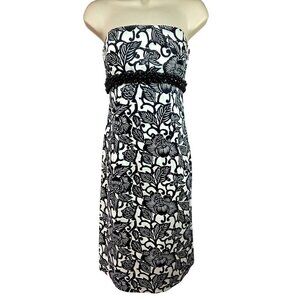 Ruth Black White Strapless Cotton Sheath Dress Size 4 Beaded Bustline Stretch